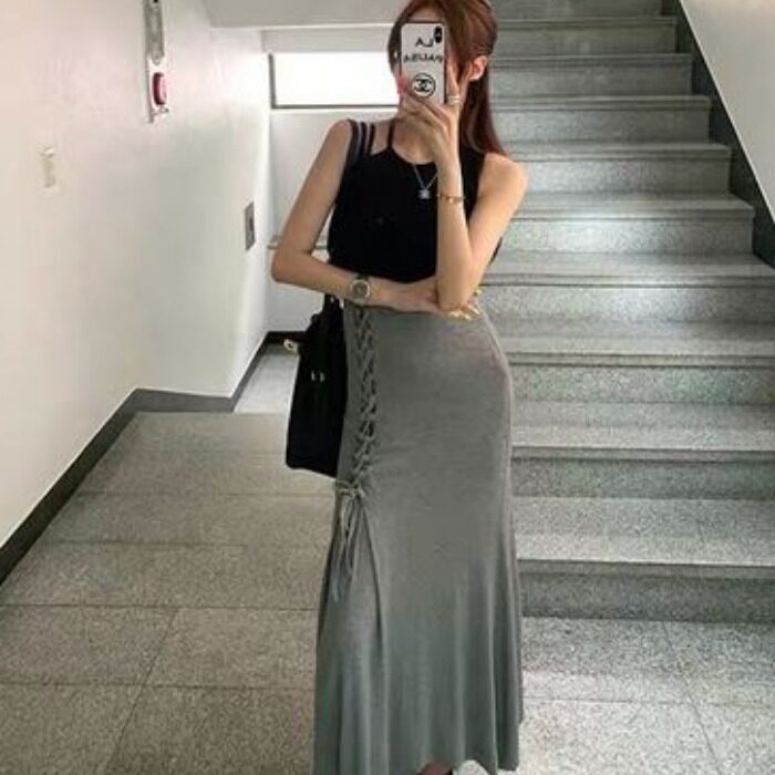 韩国东大门小众设计感高腰百搭侧边抽褶系带中长款交叉包臀半身裙