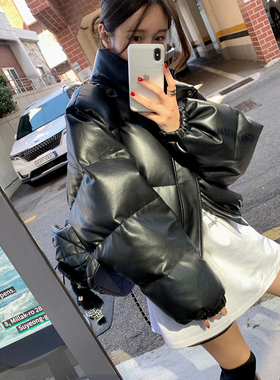 韩国东大门立领PU皮质羽绒棉服外套女宽松显瘦加厚保暖短款面包服