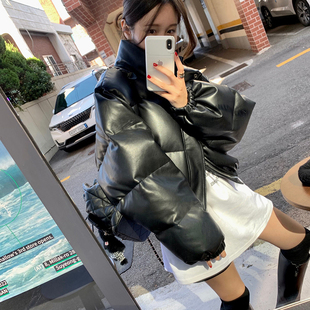 韩国东大门立领PU皮质羽绒棉服外套女宽松显瘦加厚保暖短款面包服