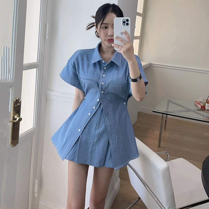 韩国东大门法式设计复古小众牛仔衬衫女+百搭休闲牛仔半身裙套装