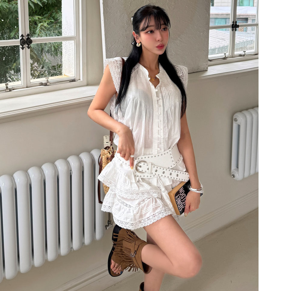 韩国蕾丝镂空无袖衬衫女半身裙裤