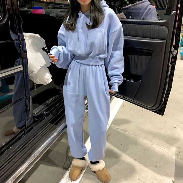 韩国东大门2025秋冬时尚宽松抽绳连帽加绒卫衣卫裤休闲两件套装女