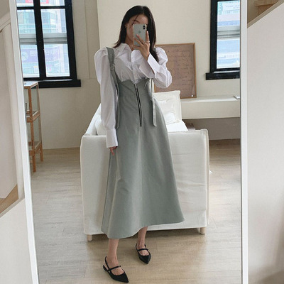 韩国简洁泡泡袖衬衫背带裙套装