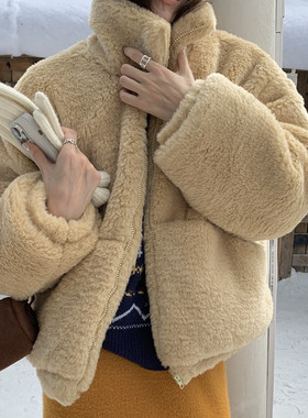 韩国东大门奶呼呼毛茸茸加厚保暖羊羔毛外套翻领拉链毛毛夹棉棉服