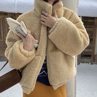 韩国东大门奶呼呼毛茸茸加厚保暖羊羔毛外套翻领拉链毛毛夹棉棉服