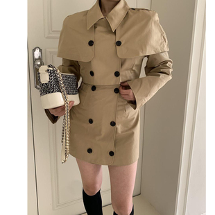 韩国东大门气质名媛风衣式翻领双排扣短款外套+高腰半身裙裤套装