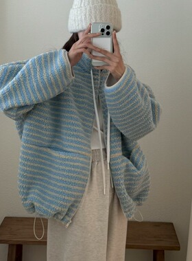 韩国东大门时尚立领条纹宽松抽绳仿羊羔毛拉链卫衣外套女保暖绒衫