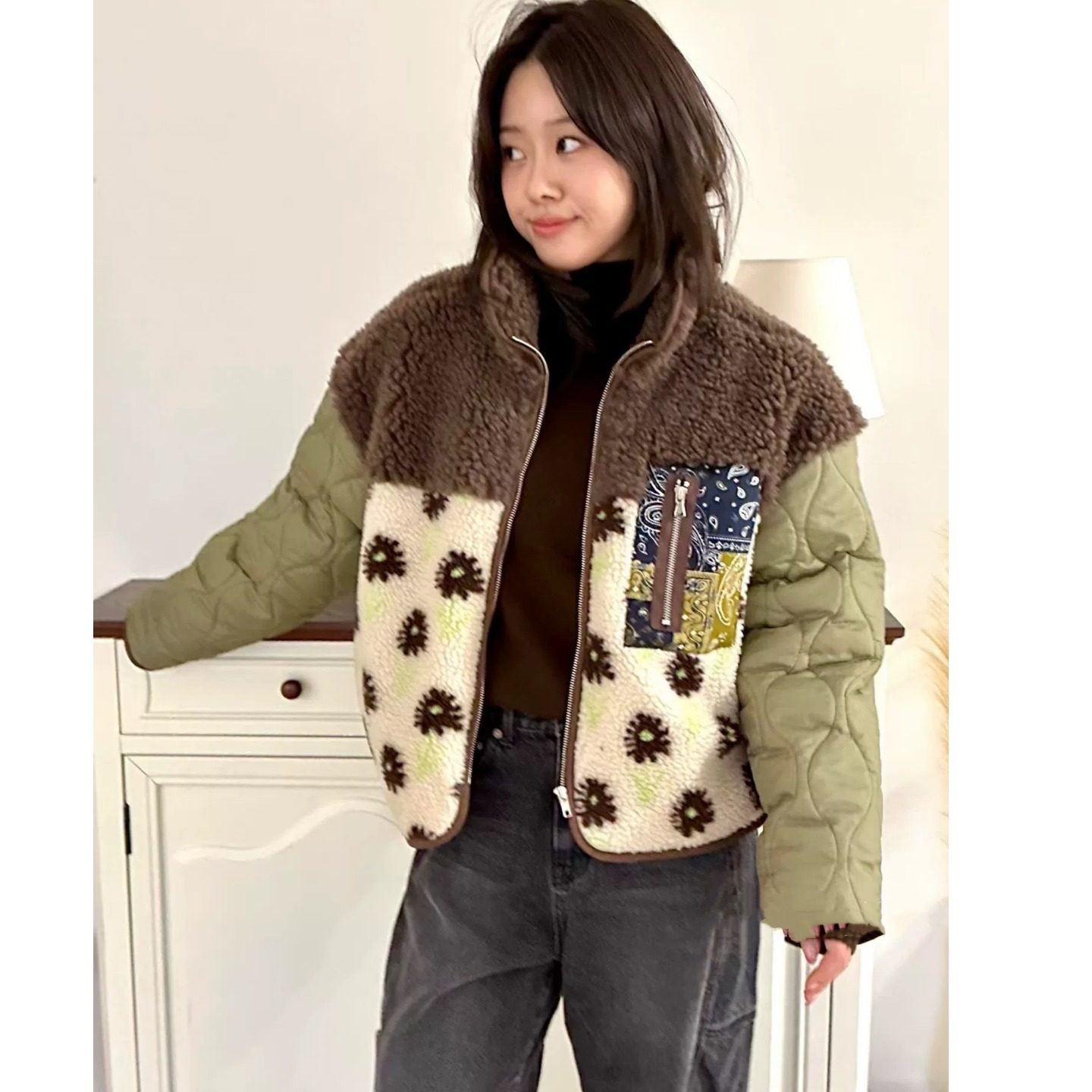 韩国复古提花羊羔毛外套保暖棉服