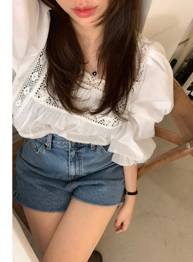 韩国东大门法式甜美方领蕾丝镂空钩花泡泡袖白色长袖衬衫女上衣