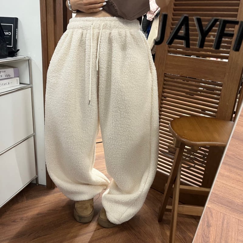 韩国东大门松紧腰抽绳羊羔毛颗粒绒加绒束脚休闲裤女宽松运动卫裤