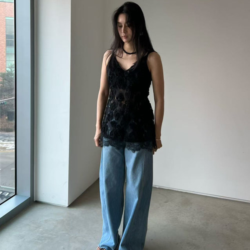 韩国蕾丝立体花朵长款吊带背心女