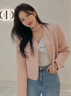 韩国东大门名媛小香风挂脖飘带V领系扣粗花呢短外套女开衫夹克