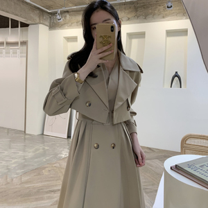 韩国东大门气质翻领短款风衣外套女+无袖背心长款连衣裙两件套装