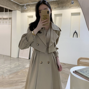 韩国东大门气质翻领短款风衣外套女+无袖背心长款连衣裙两件套装