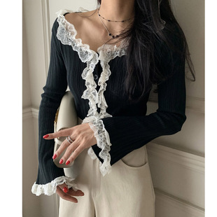 韩国东大门法式气质圆领修身拼接花边蕾丝喇叭袖针织打底衫女小衫