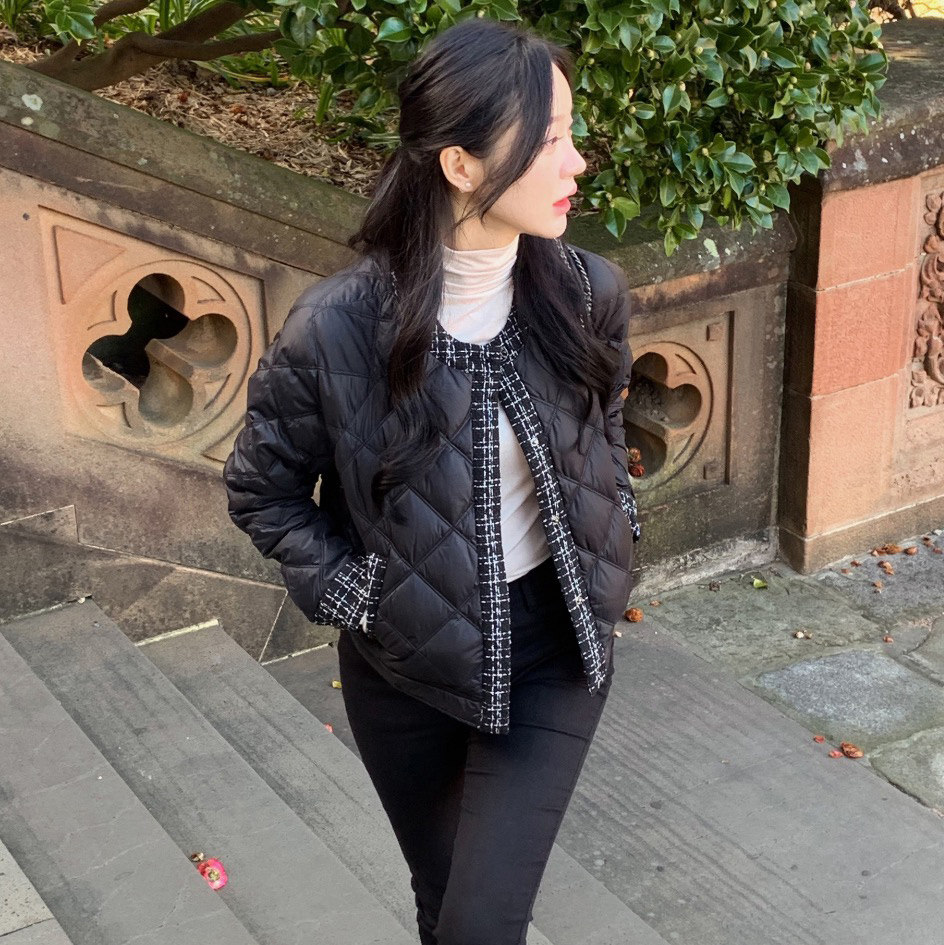 韩国小香风圆领菱格纹羽绒棉服