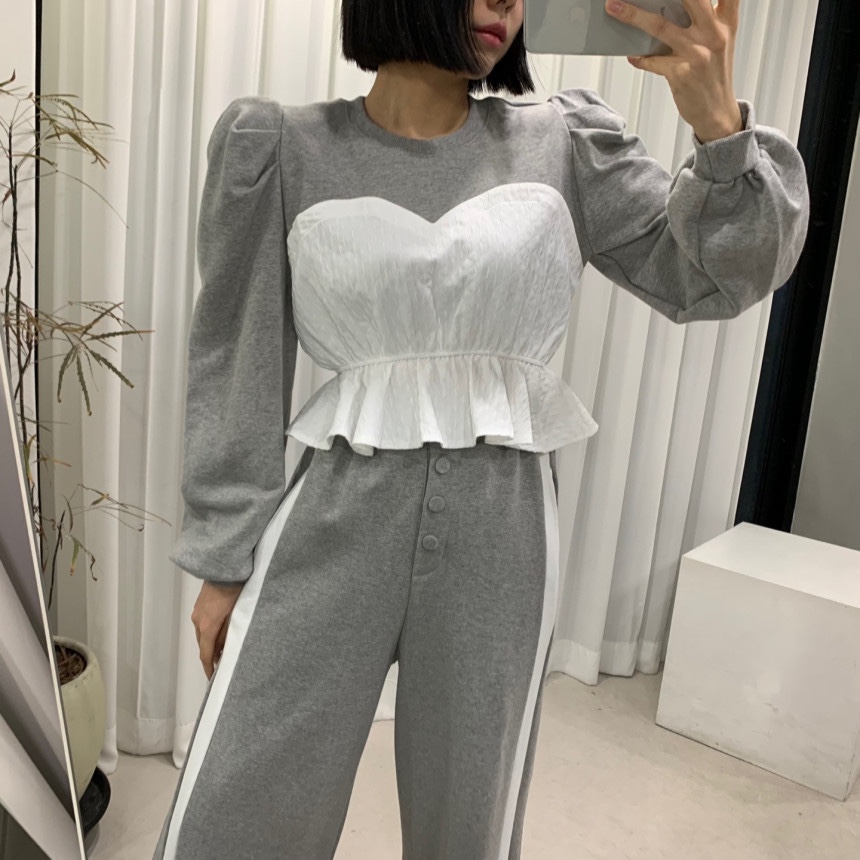 韩国泡泡袖圆领收腰卫衣卫裤套装