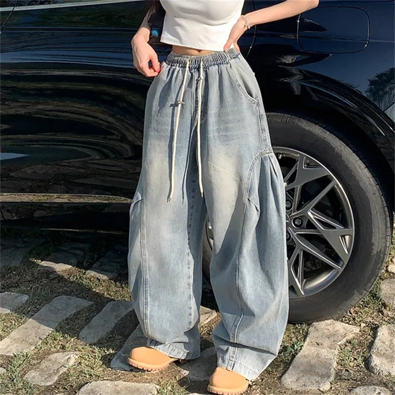 韩国宽松抽绳阔腿工装牛仔裤女
