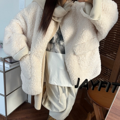 韩国东大门仿羊羔毛皮毛一体宽松加厚保暖休闲外套女双口袋大衣