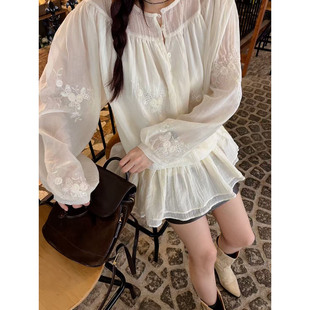 韩国东大门甜美刺绣提花荷叶边宽松抽绳娃娃衫女衬衫裙连衣裙短裙