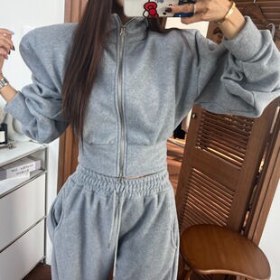 韩国东大门立领双拉链拉绒短款卫衣外套女+高腰显瘦休闲卫裤套装