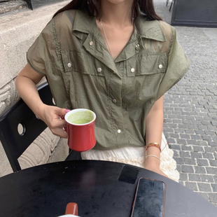 韩国东大门洋气翻领时尚收腰抽绳透视小飞袖天丝防晒衬衫女马甲