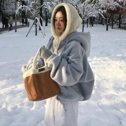 韩国宽松连帽羊羔毛外套卫衣