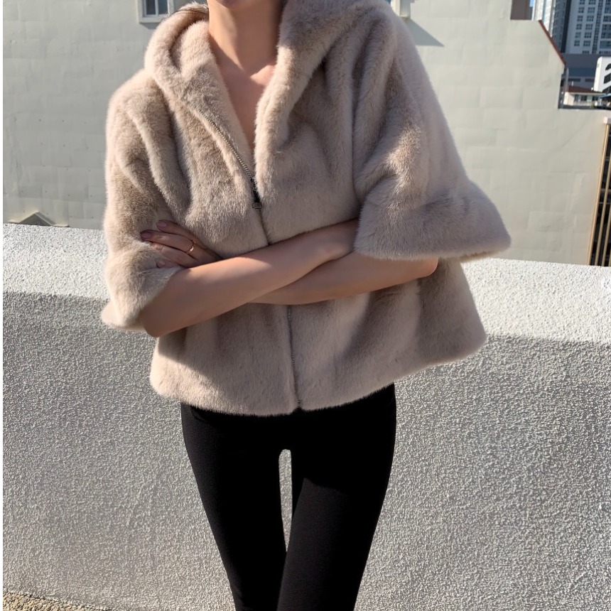 韩国连帽宽松水貂毛皮草外套