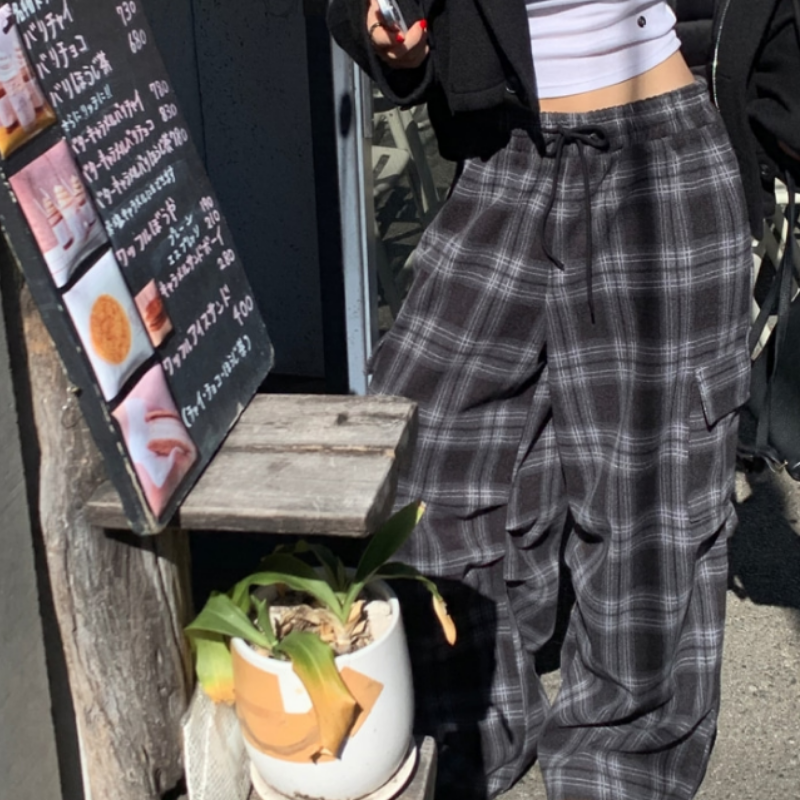 韩国复古格子工装休闲裤女