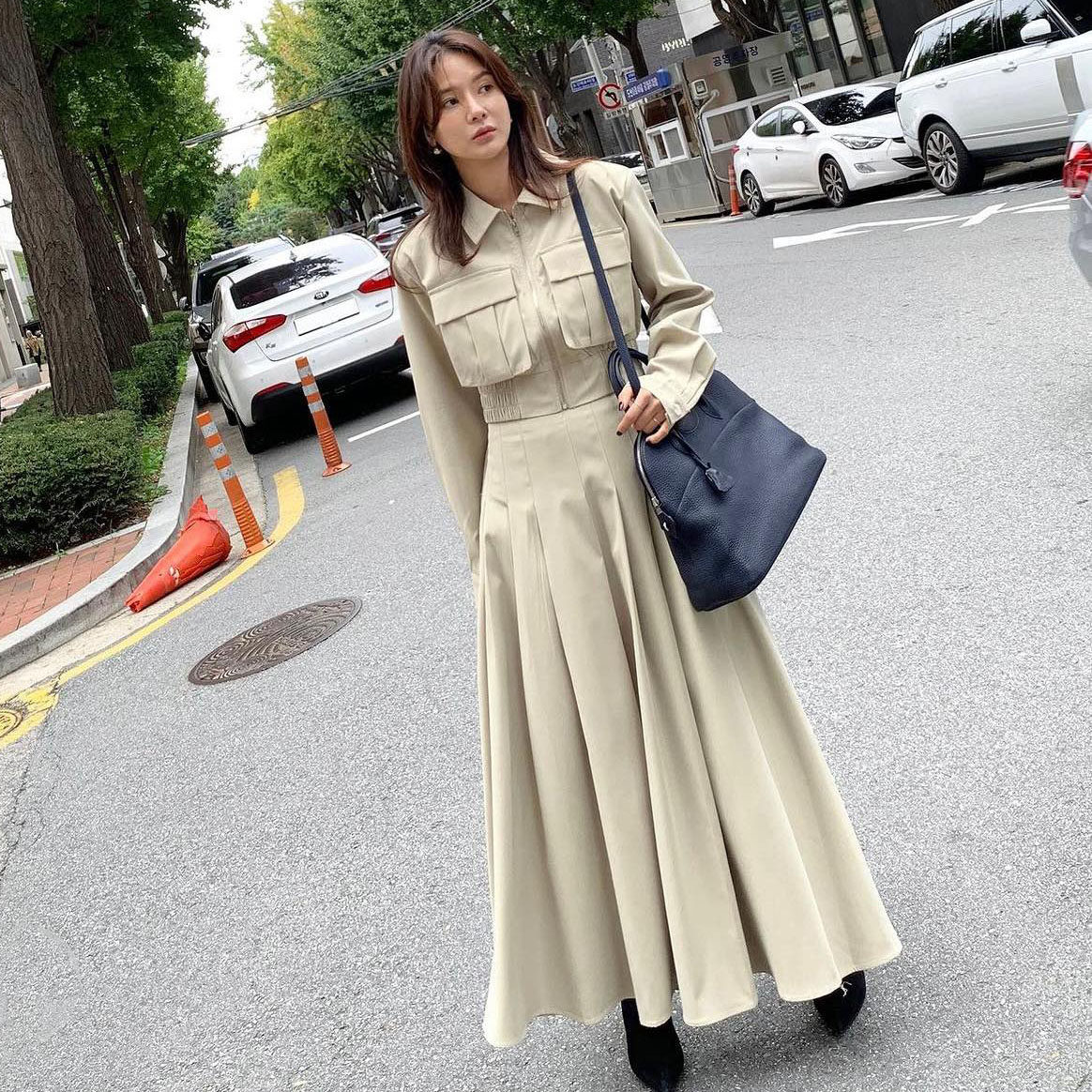 韩国东大门工装风口袋翻领拉链收腰长袖外套女+高腰半身裙两件套