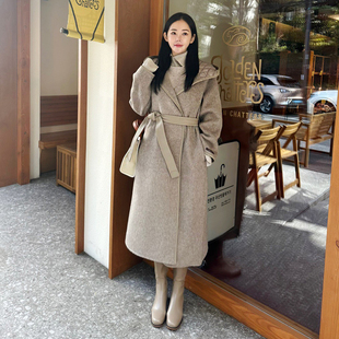 韩国东大门高级感宽松连帽双面呢羊绒大衣中长款系带收腰毛呢外套