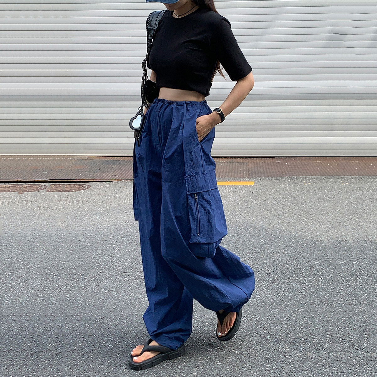 韩国东大门2024夏装纯色显瘦抽绳拼接工装口袋休闲裤女裤长裤