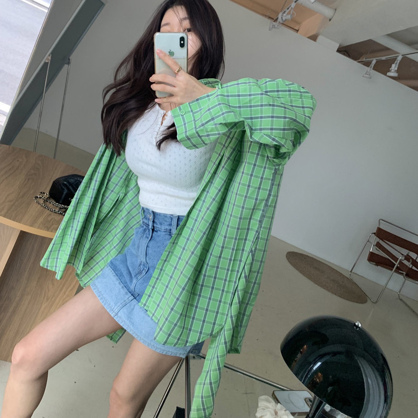韩国宽松后开叉格子衬衫中长款