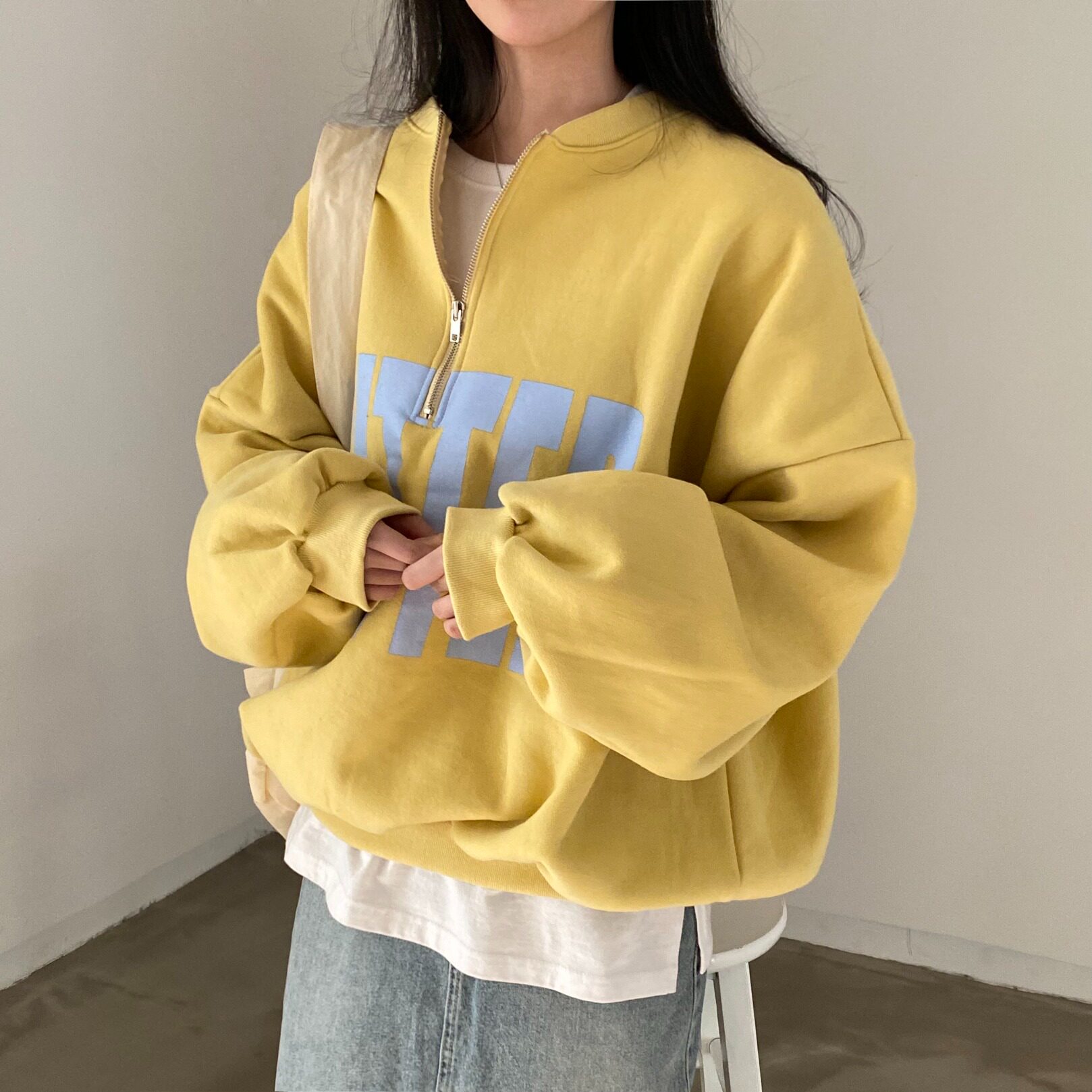 韩国个性字母印花加绒宽松卫衣女
