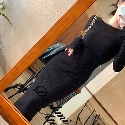 韩国坑条针织连衣裙毛衣