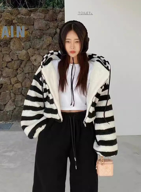 韩国东大门羊羔毛条纹撞色连帽拉链毛绒宽松短卫衣女显瘦休闲外套