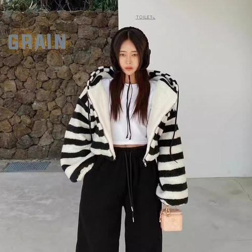 韩国羊羔毛条纹短卫衣外套