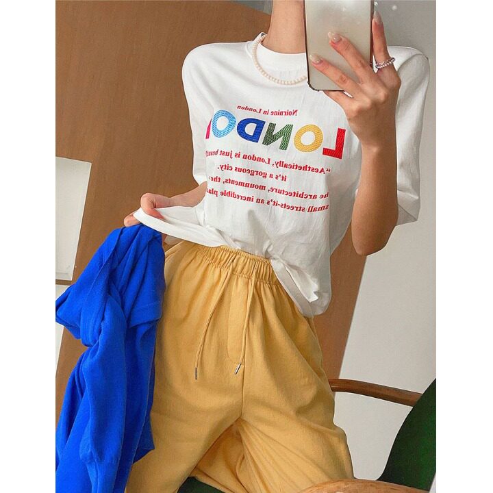 韩国东大门2025夏装新款圆领字母刺绣宽松中长款短袖T恤女打底衫