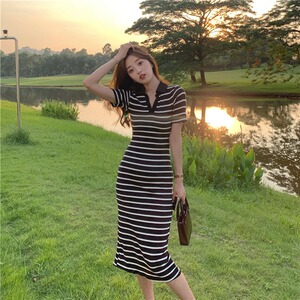 韩国法式V领条纹连衣裙女夏中长款包臀修身显瘦开叉休闲T恤裙子