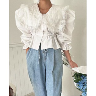 韩国东大门2026春装甜美大翻领蕾丝花边泡泡袖收腰显瘦衬衫女上衣