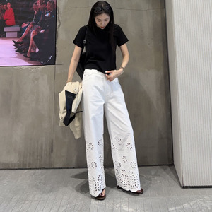韩国高腰白色镂空提花牛仔裤女
