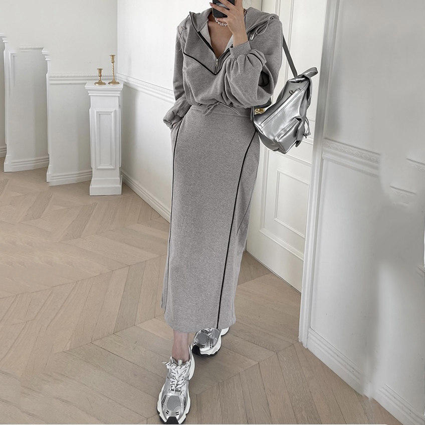 韩国东大门休闲运动风半拉链连帽卫衣外套女半身裙卫裙两件套装