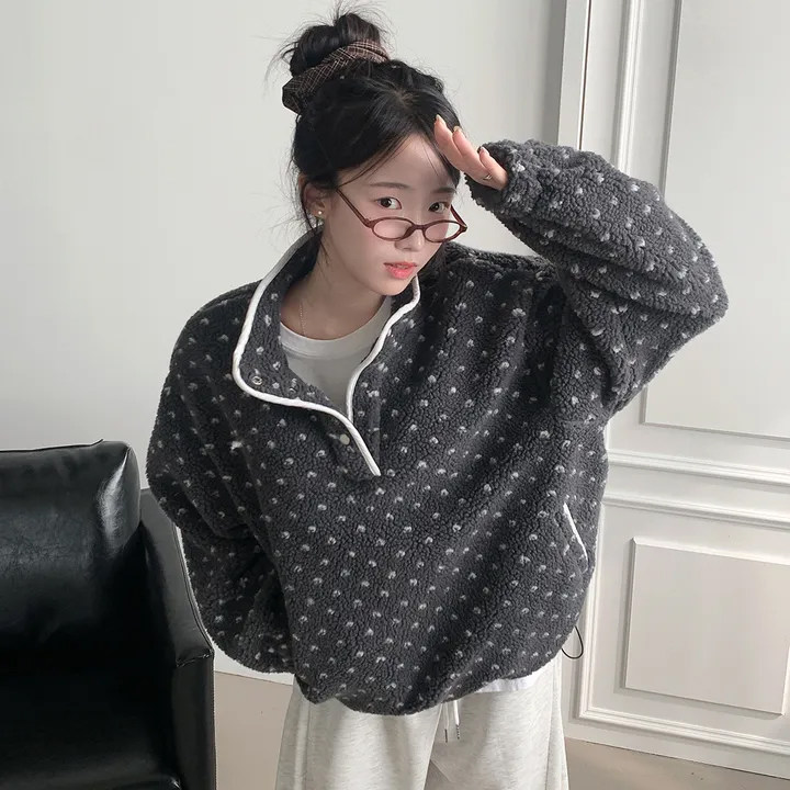 韩国爱心波点提花羊羔毛套头卫衣
