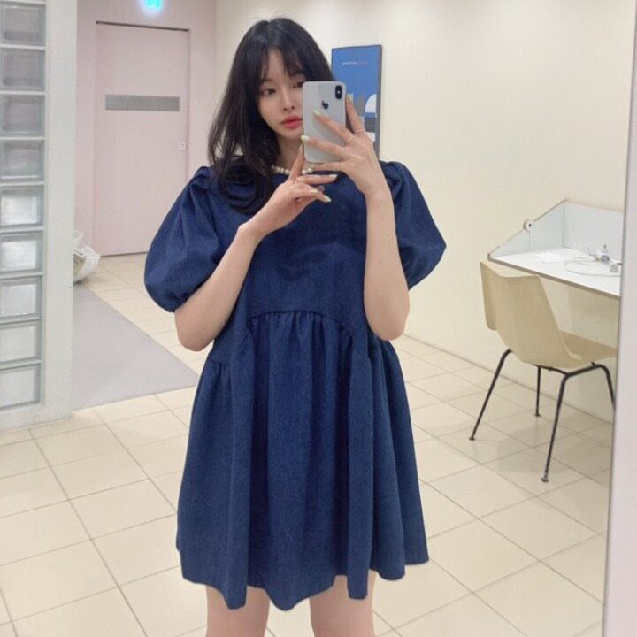 韩国圆领宽松迷你泡泡袖连衣裙