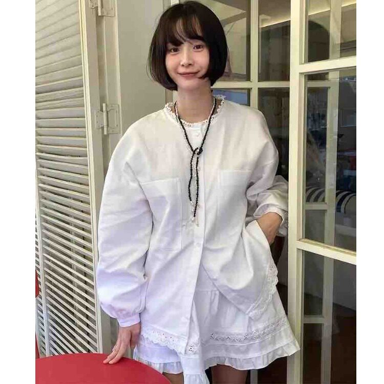 韩国白色蕾丝花边衬衫半身裙套装