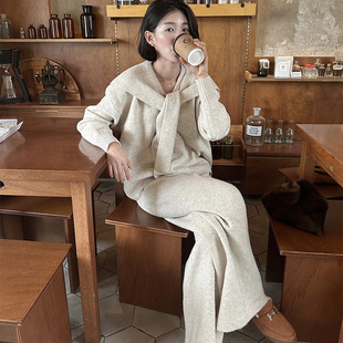 韩国东大门慵懒风针织三件套女秋冬穿搭披肩毛衣阔腿裤休闲套装