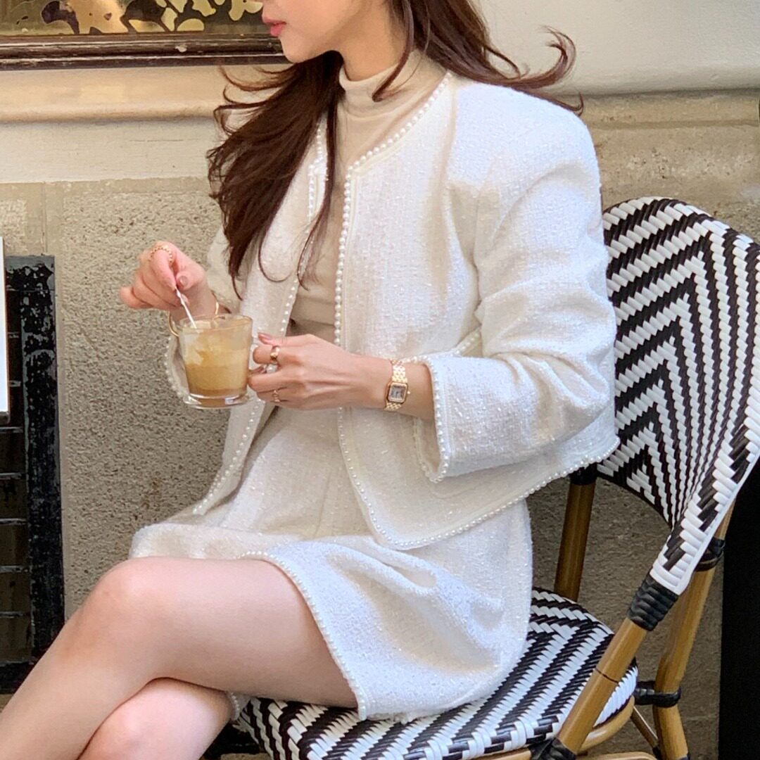 韩国小香风钉珠粗花呢外套短裤