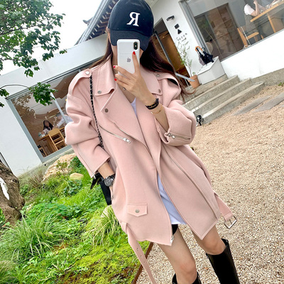 韩国翻领机车风毛呢外套