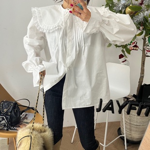 韩国东大门2024春装新款纯色双层娃娃领荷叶边系带中长款衬衫女