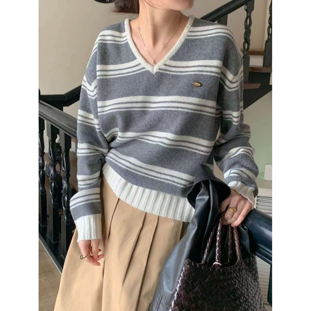 韩国撞色条纹V领套头针织毛衣女